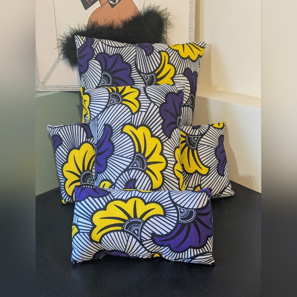 Purse Pillows SET Of Five Handmade Vibrant Purple & Yellow Decorative Print